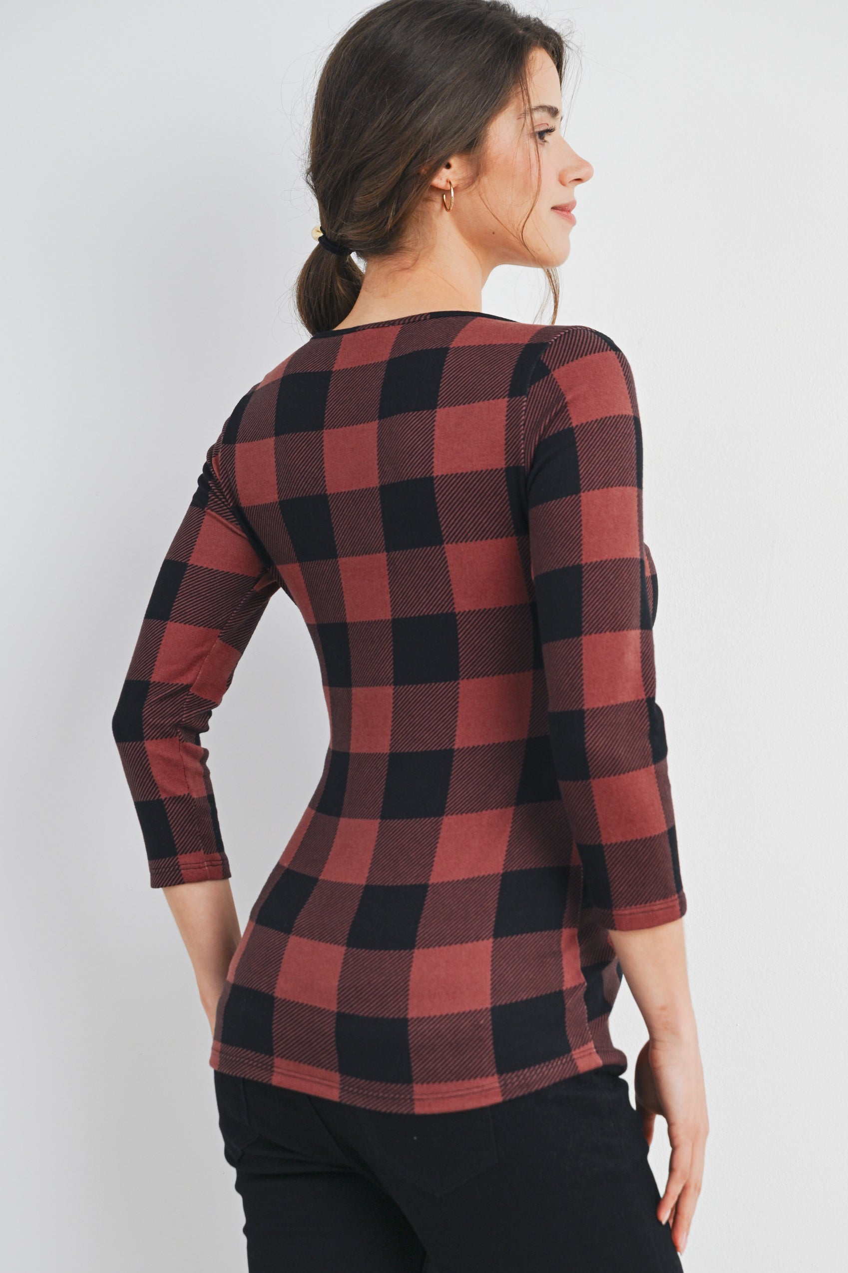 Dark Mauve Plaid 3/4 Sleeve Boat Neck Maternity Top Back View