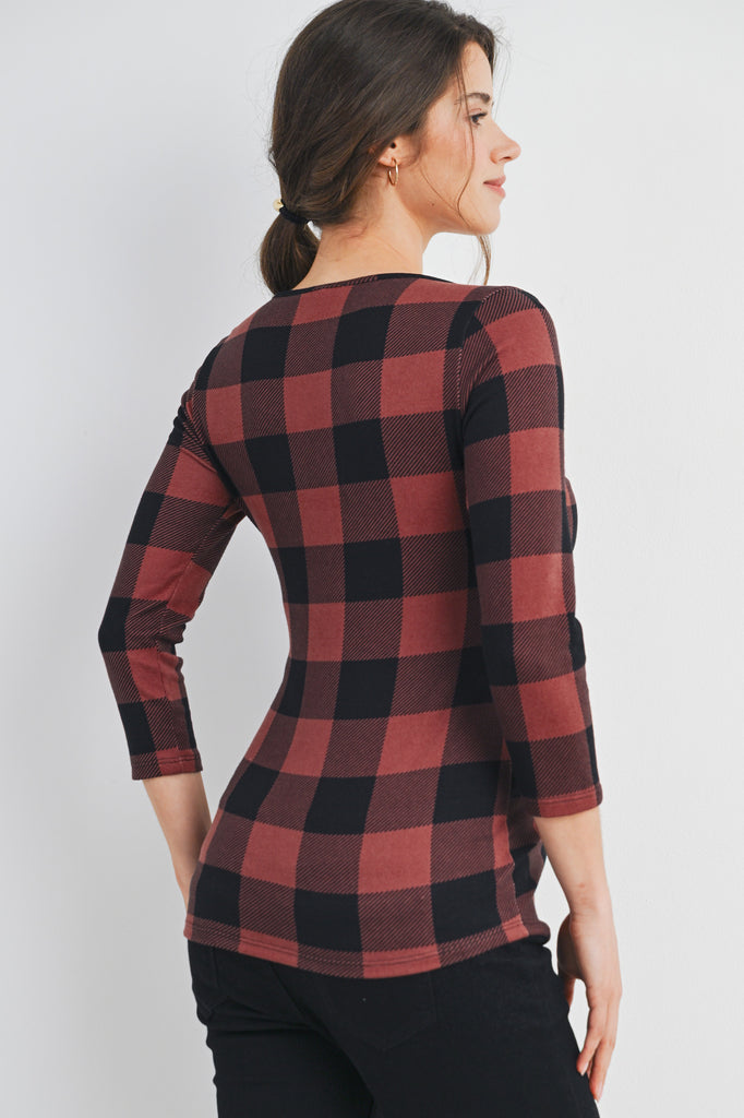 Dark Mauve Plaid 3/4 Sleeve Boat Neck Maternity Top Back View