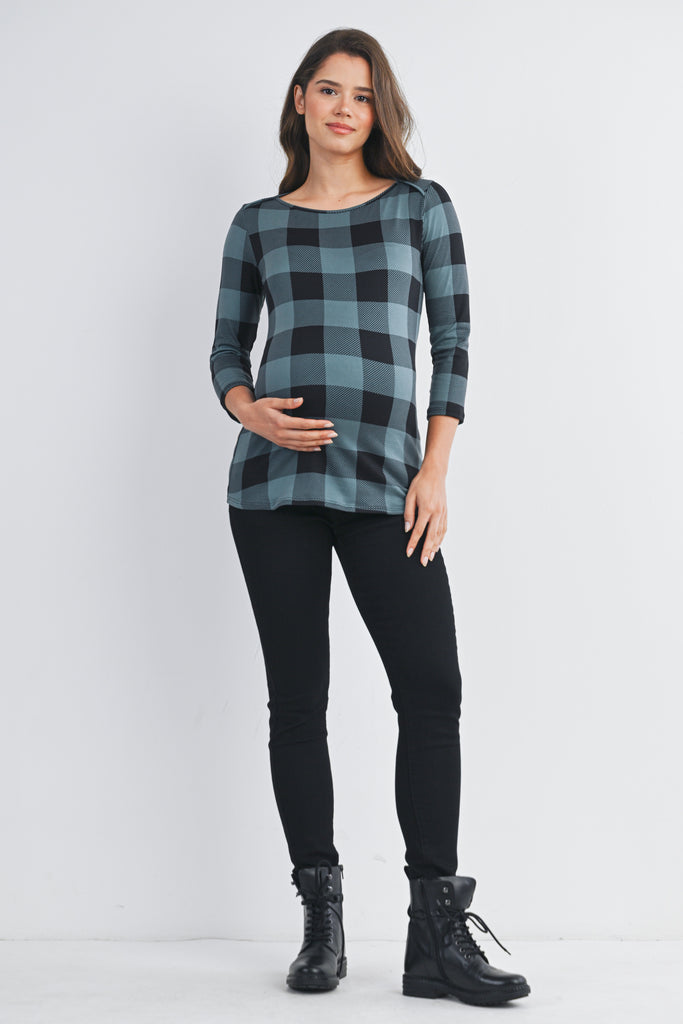 Teal Plaid 3/4 Sleeve Boat Neck Maternity Top Full Body