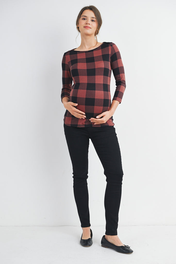 Dark Mauve Plaid 3/4 Sleeve Boat Neck Maternity Top Full Body 