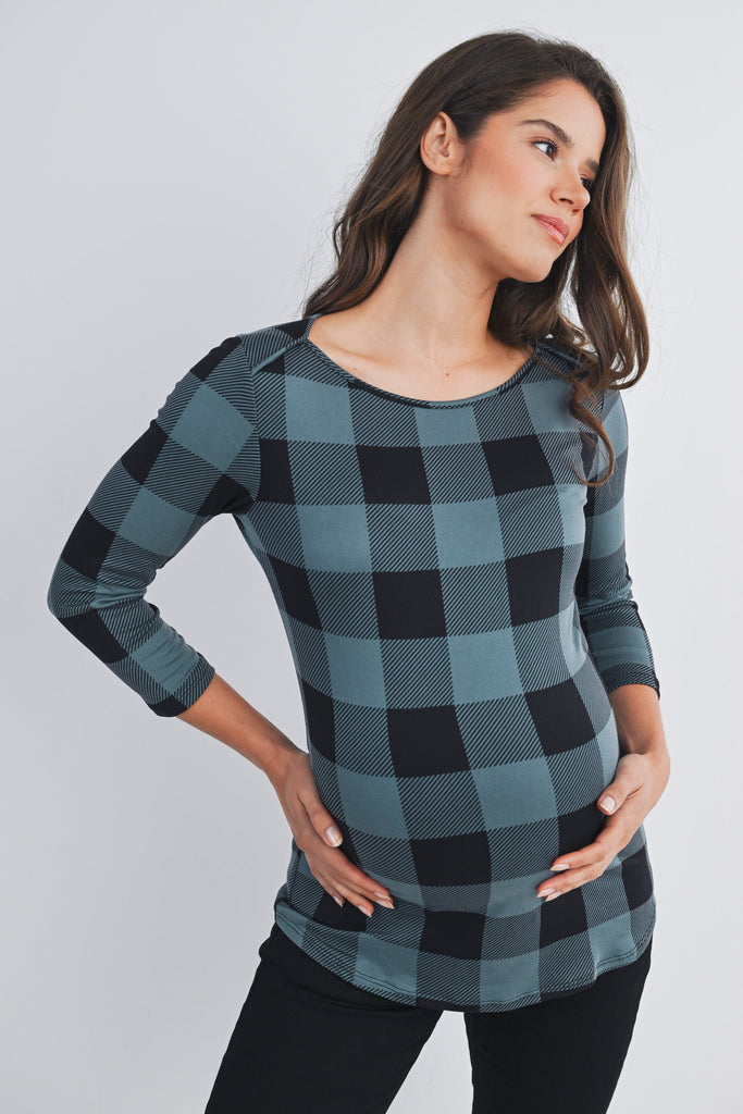 Teal Plaid 3/4 Sleeve Boat Neck Maternity Top Front View
