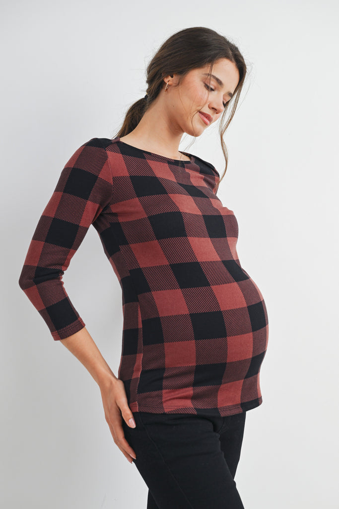 Dark Mauve Plaid 3/4 Sleeve Boat Neck Maternity Top Front View