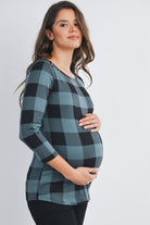 Teal Plaid 3/4 Sleeve Boat Neck Maternity Top Side View