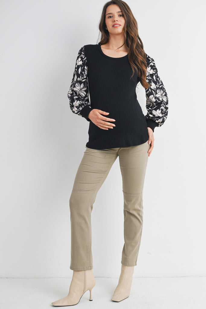 Black Ribbed Round Neck Floral Long Sleeves Maternity Top Full Body