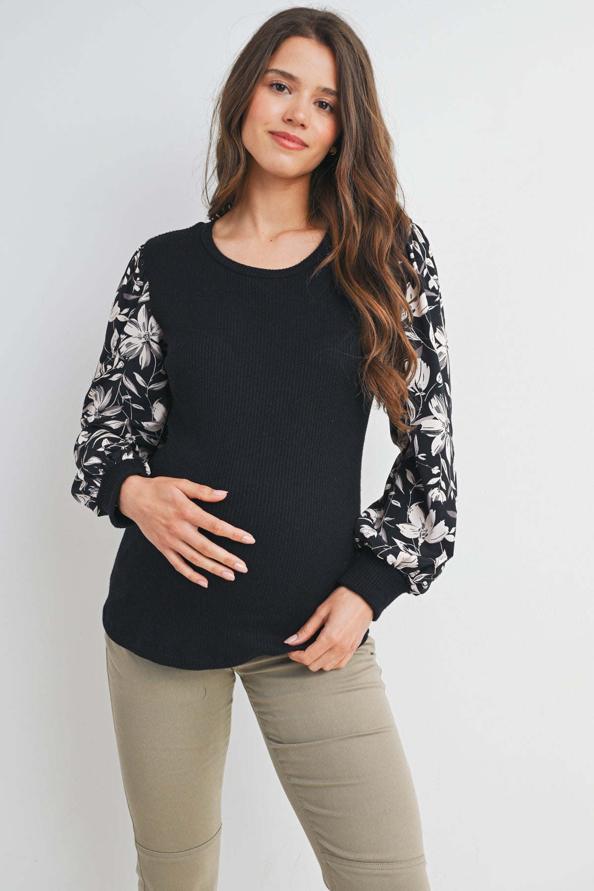Black Ribbed Round Neck Floral Long Sleeves Maternity Top Front View