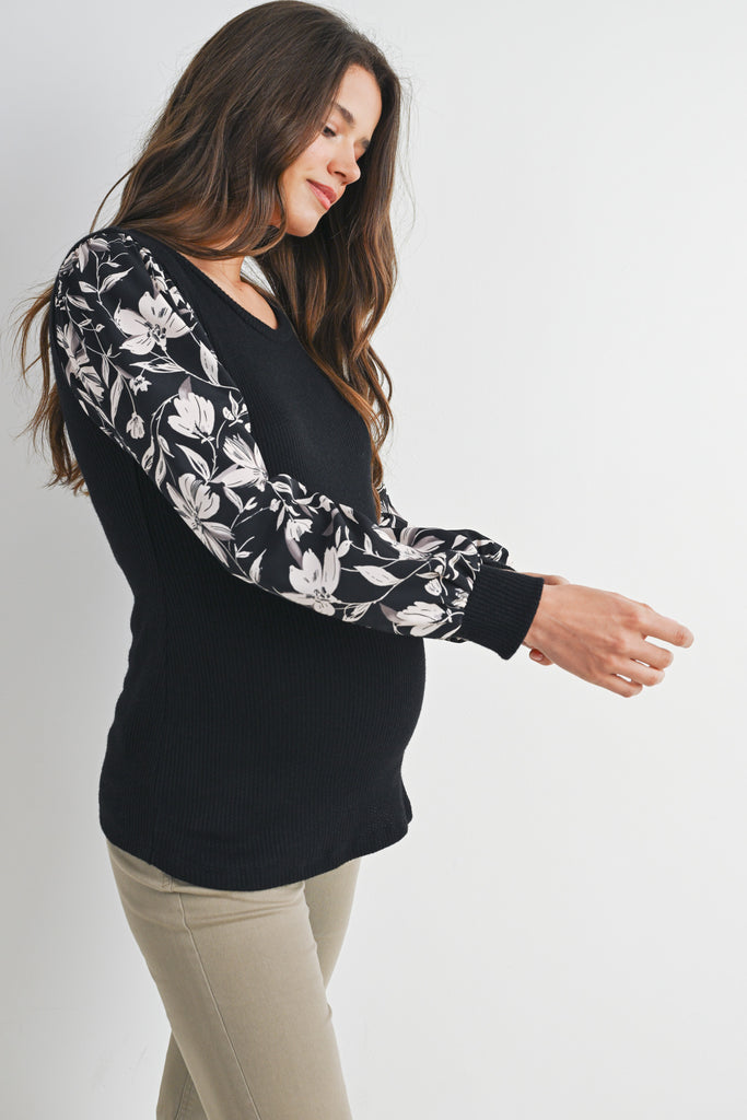 Black Ribbed Round Neck Floral Long Sleeves Maternity Top Side View