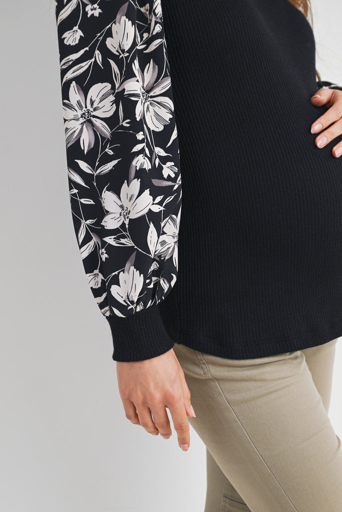Black Ribbed Round Neck Floral Long Sleeves Maternity Top Detail Close Up