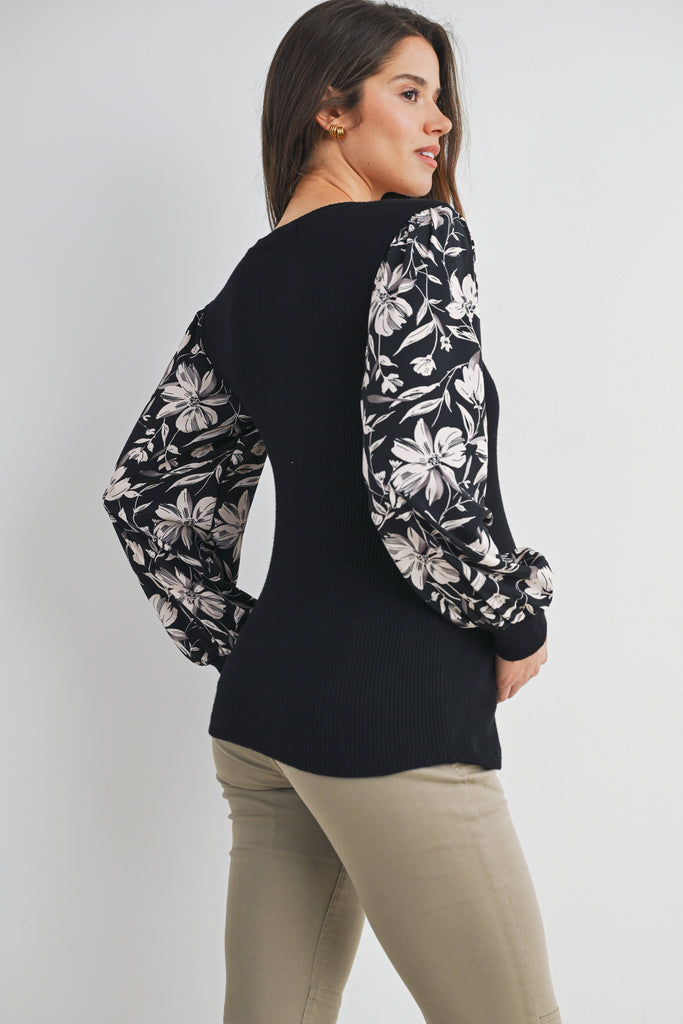 Black Ribbed Round Neck Floral Long Sleeves Maternity Top Back View