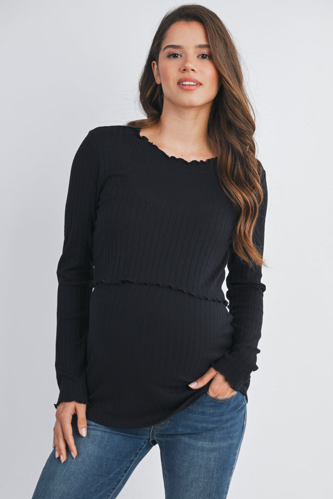 Black Ribbed Long Sleeve Lettuce Trim Maternity Nursing Top Front View