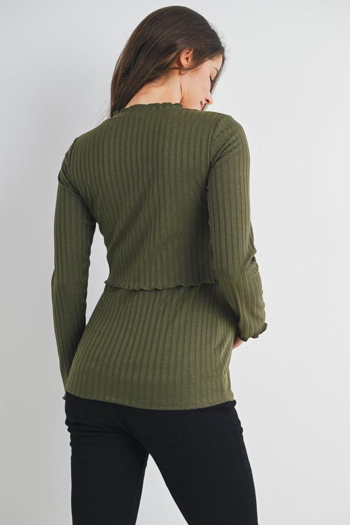 Olive Ribbed Long Sleeve Lettuce Trim Maternity Nursing Top Back View