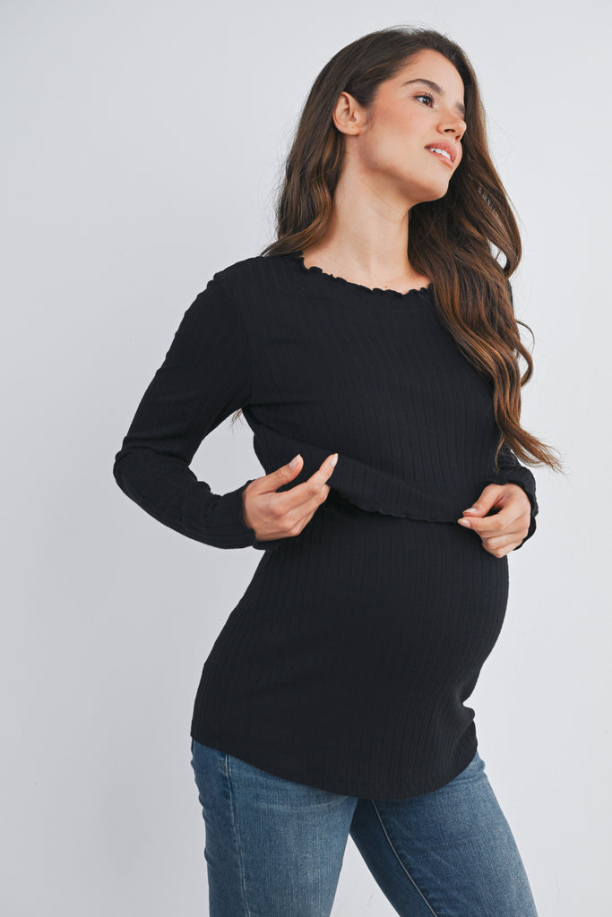 Black Ribbed Long Sleeve Lettuce Trim Maternity Nursing Top Side View