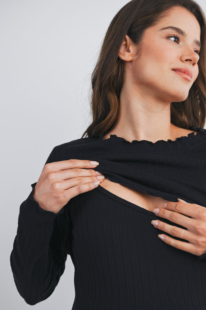 Black Ribbed Long Sleeve Lettuce Trim Maternity Nursing Top Nursing Close Up
