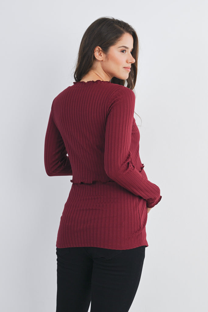 Burgundy Ribbed Long Sleeve Lettuce Trim Maternity Nursing Top Back View