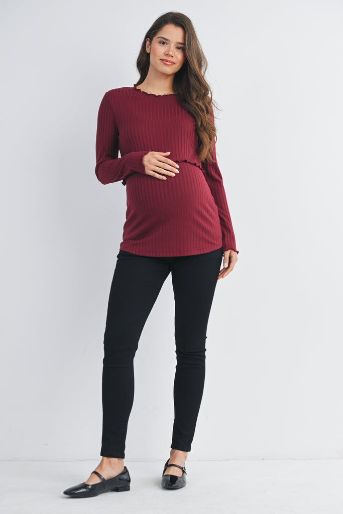 Burgundy Ribbed Long Sleeve Lettuce Trim Maternity Nursing Top Full Body