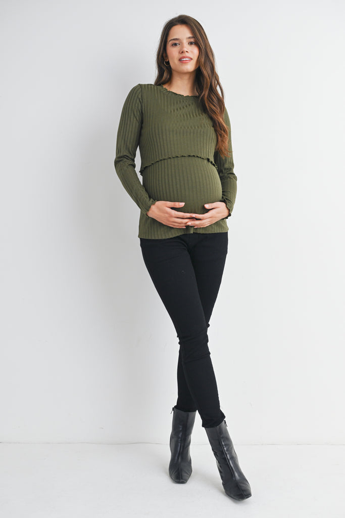 Olive Ribbed Long Sleeve Lettuce Trim Maternity Nursing Top Full Body