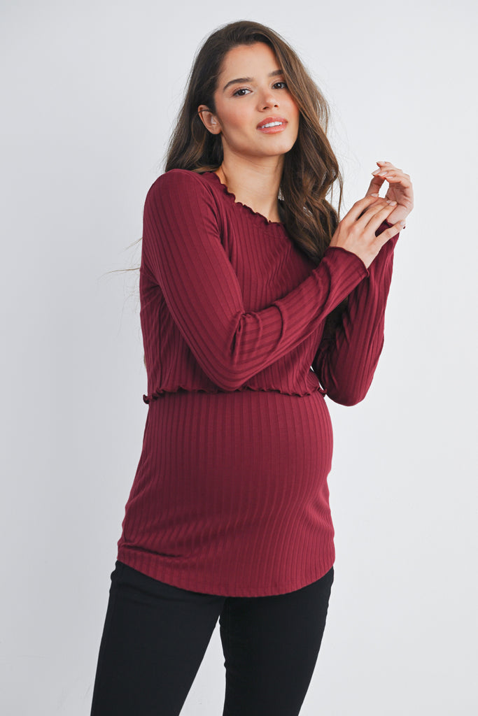 Burgundy Ribbed Long Sleeve Lettuce Trim Maternity Nursing Top Front View