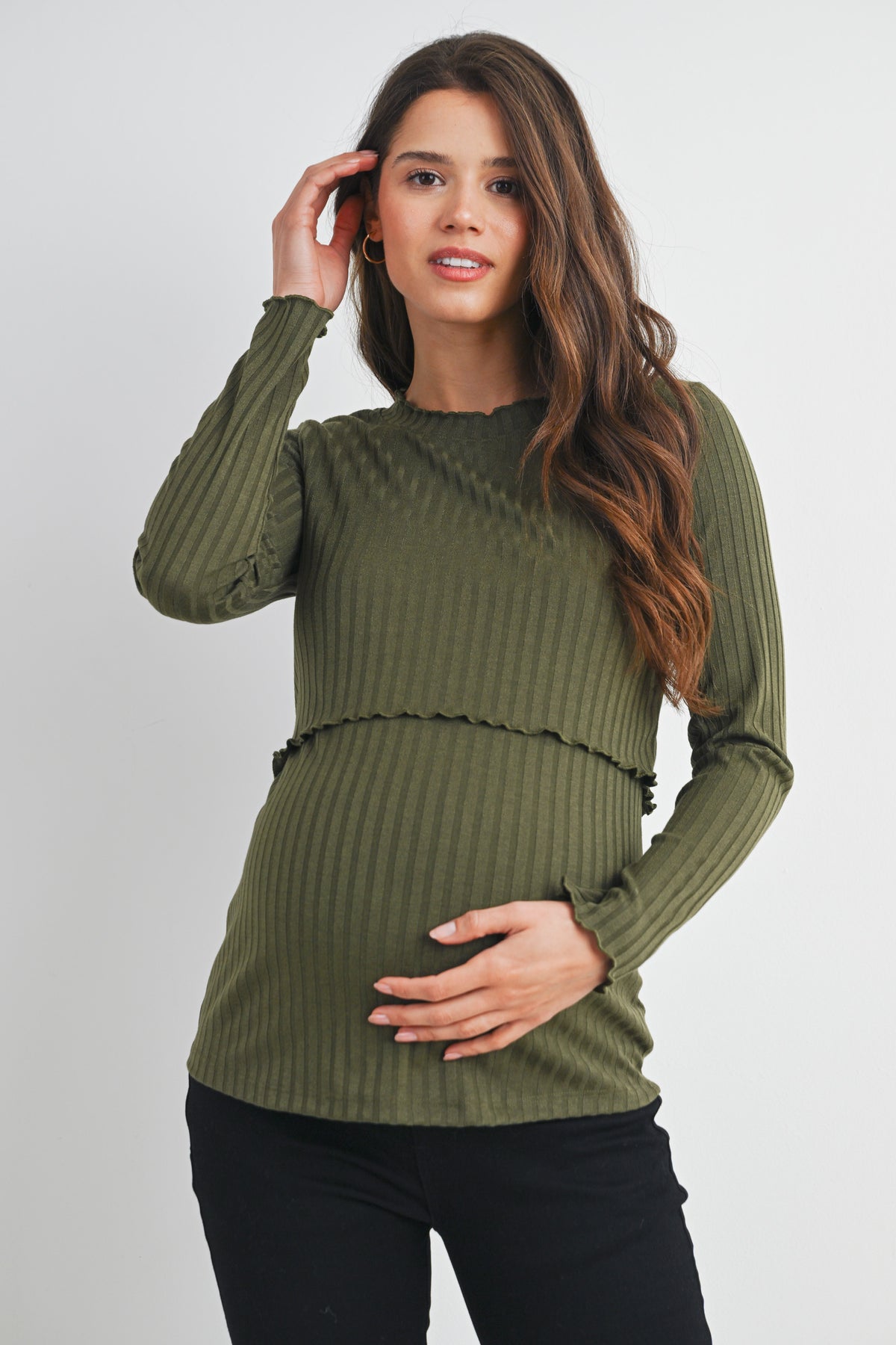 Olive Ribbed Long Sleeve Lettuce Trim Maternity Nursing Top Front View
