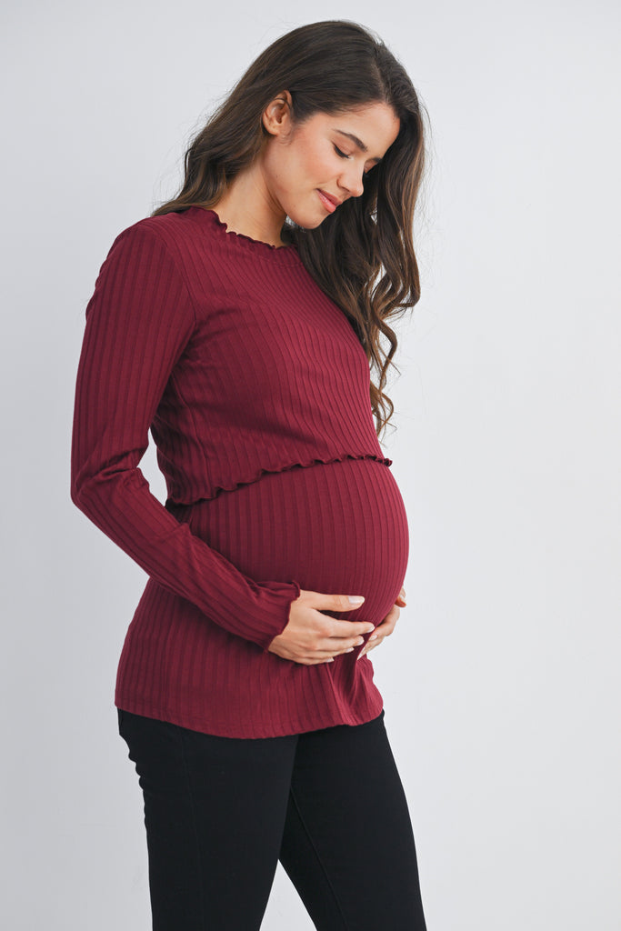 Burgundy Ribbed Long Sleeve Lettuce Trim Maternity Nursing Top Side View