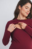 Burgundy Ribbed Long Sleeve Lettuce Trim Maternity Nursing Top Nursing Detail