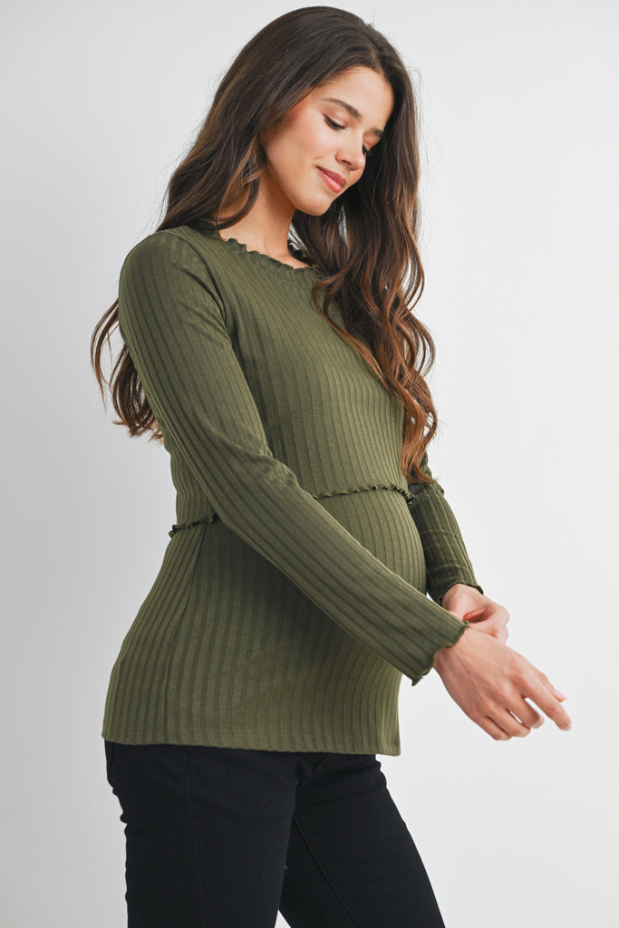 Olive Ribbed Long Sleeve Lettuce Trim Maternity Nursing Top Side View