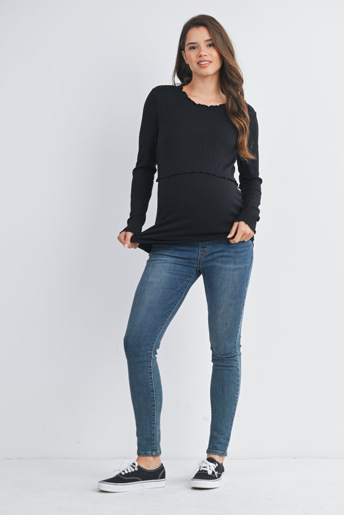 Black Ribbed Long Sleeve Lettuce Trim Maternity Nursing Top Full Body