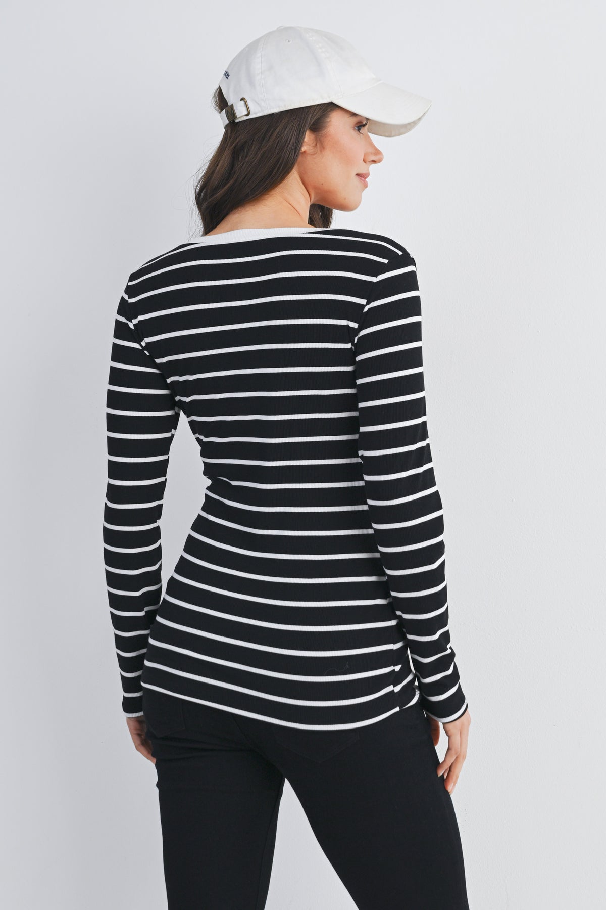 Black Striped V Neck Long Sleeve Maternity Top Back View