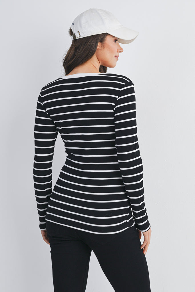 Black Striped V Neck Long Sleeve Maternity Top Back View