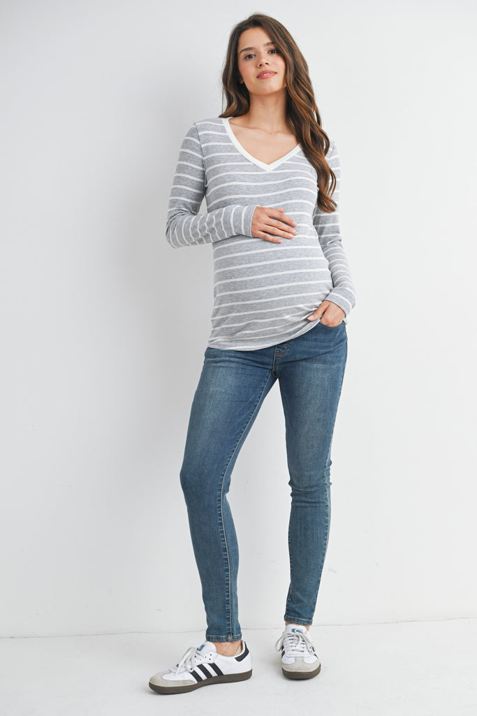 Grey Striped V Neck Long Sleeve Maternity Top Full Body