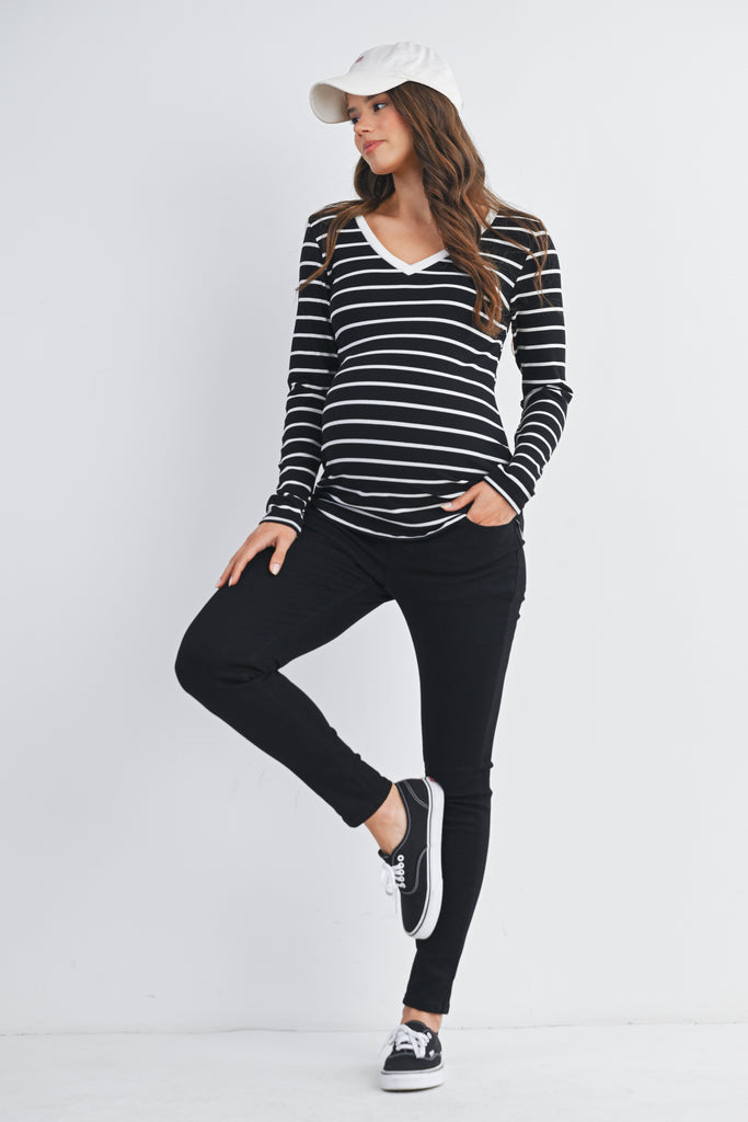 Black Striped V Neck Long Sleeve Maternity Top Full Body