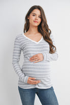 Grey Striped V Neck Long Sleeve Maternity Top Front View