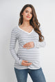 Grey Striped V Neck Long Sleeve Maternity Top Front View