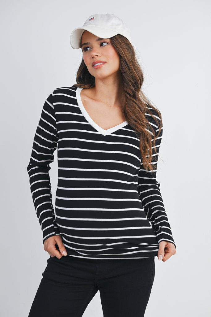 Black Striped V Neck Long Sleeve Maternity Top Front View