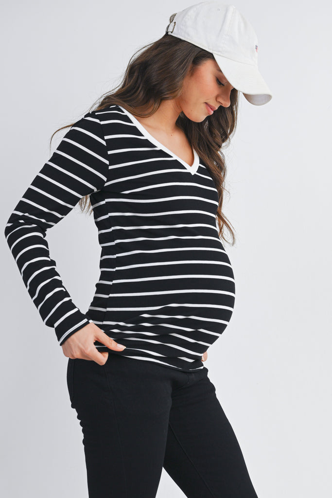 Black Striped V Neck Long Sleeve Maternity Top Side View