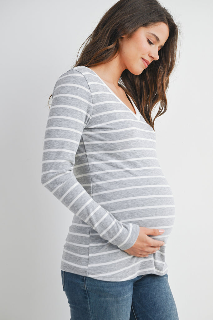 Grey Striped V Neck Long Sleeve Maternity Top Side View