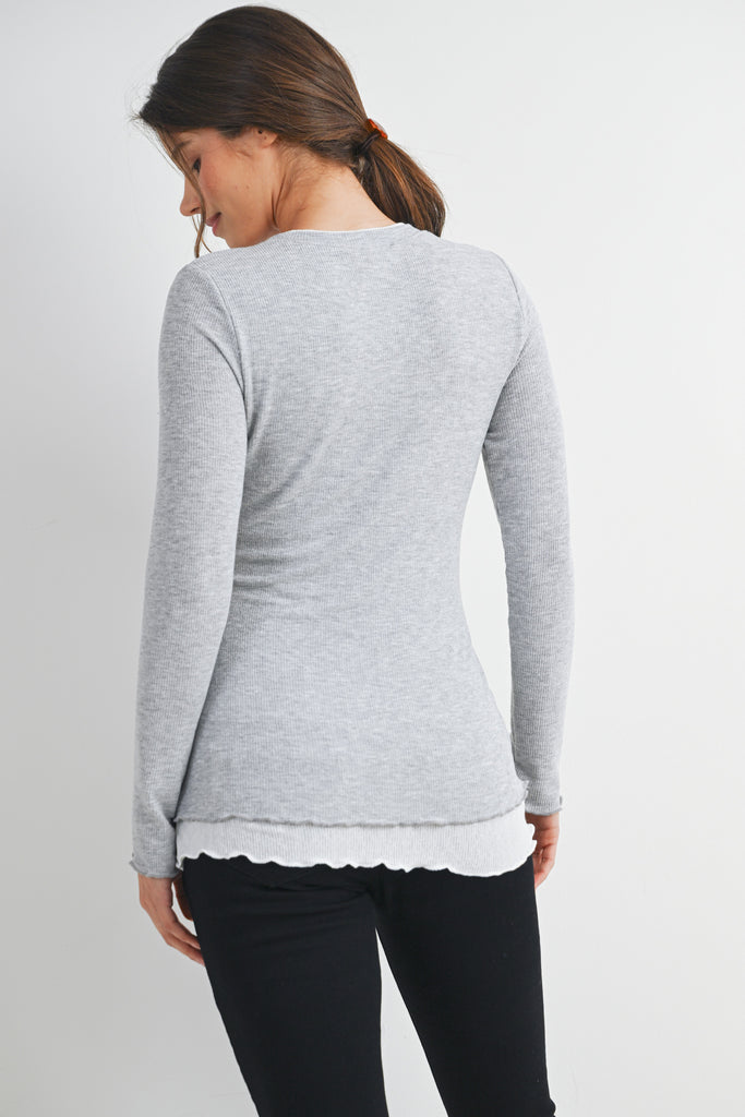 Grey/White Ribbed Round Neck Long Sleeve Contrast Maternity Top Back View