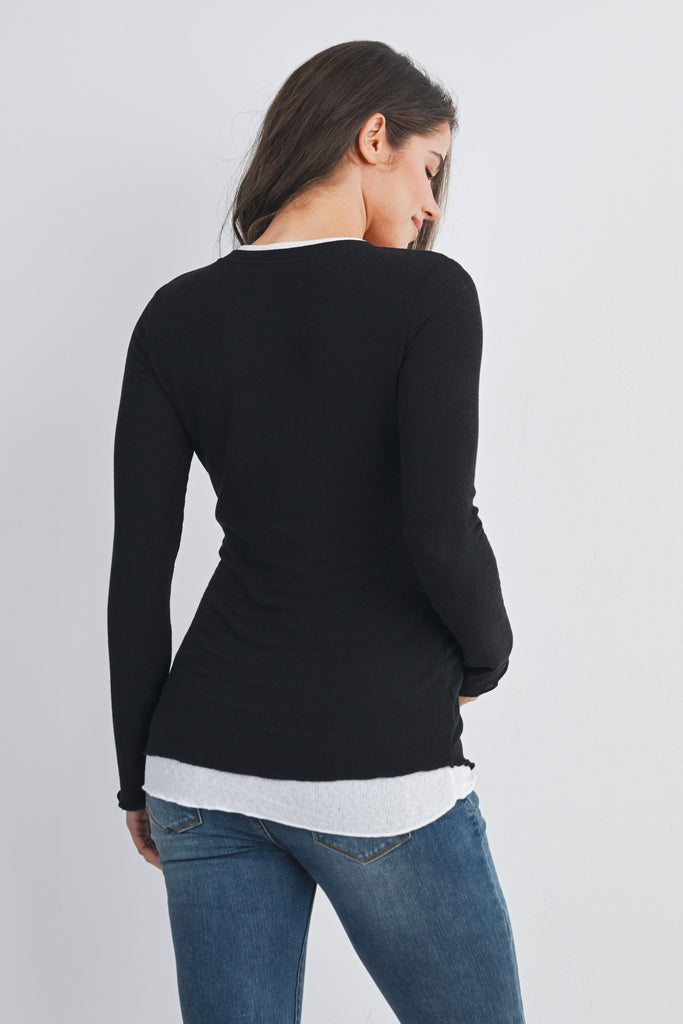 Black/White Ribbed Round Neck Long Sleeve Contrast Maternity Top Back View