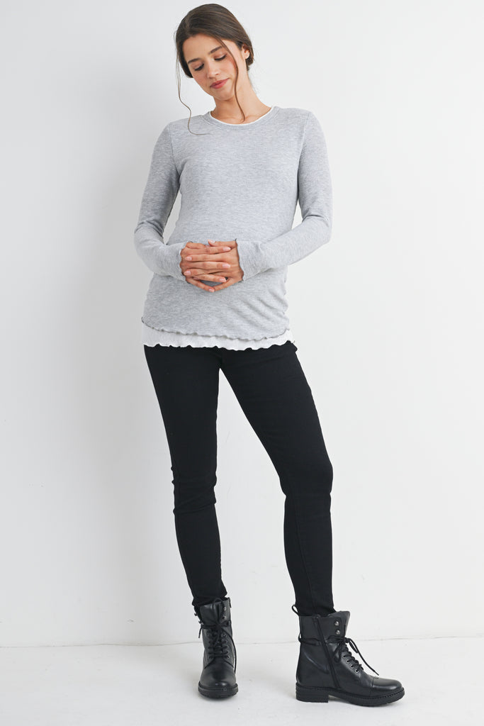 Grey/White Ribbed Round Neck Long Sleeve Contrast Maternity Top Full Body 
