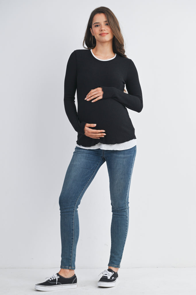 Black/White Ribbed Round Neck Long Sleeve Contrast Maternity Top Full Body