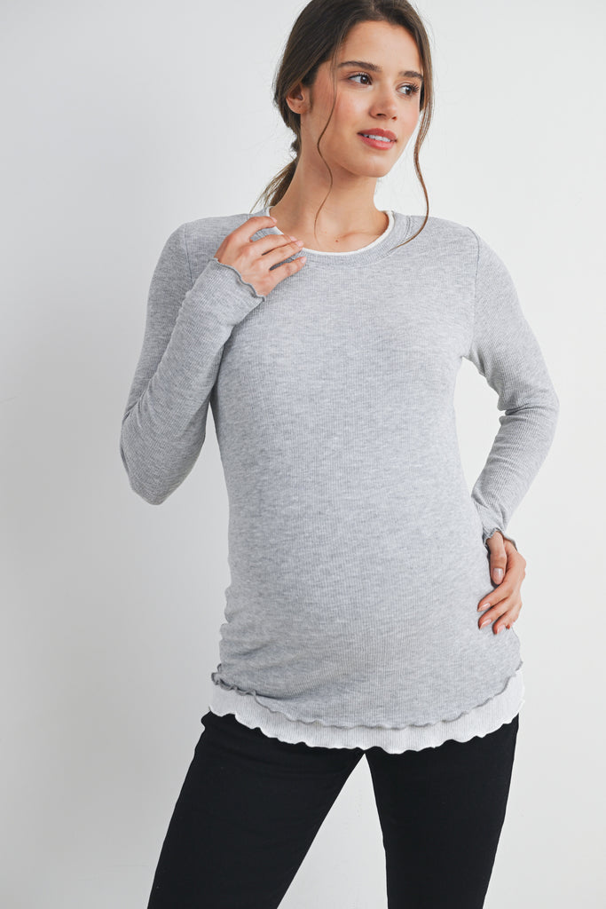 Grey/White Ribbed Round Neck Long Sleeve Contrast Maternity Top Front View