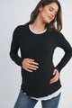 Black/White Ribbed Round Neck Long Sleeve Contrast Maternity Top Front View