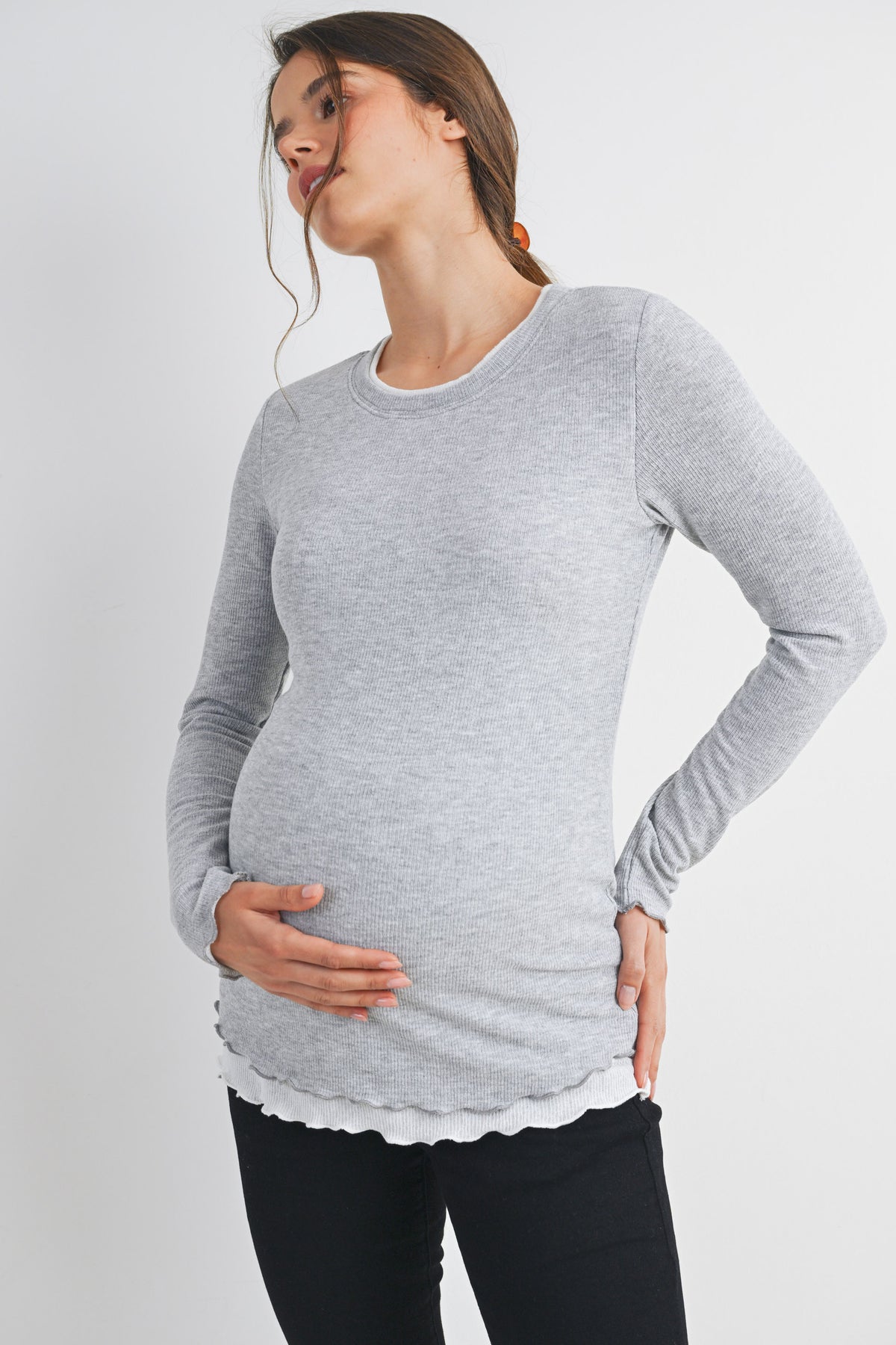 Grey/White Ribbed Round Neck Long Sleeve Contrast Maternity Top Front View