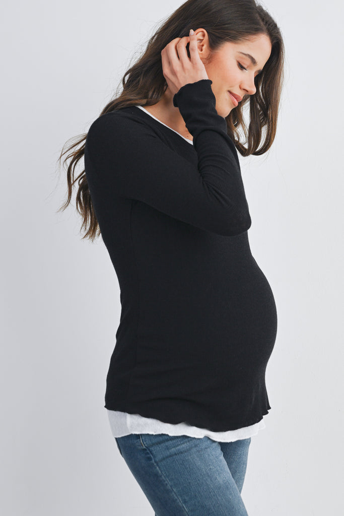 Black/White Ribbed Round Neck Long Sleeve Contrast Maternity Top Side View