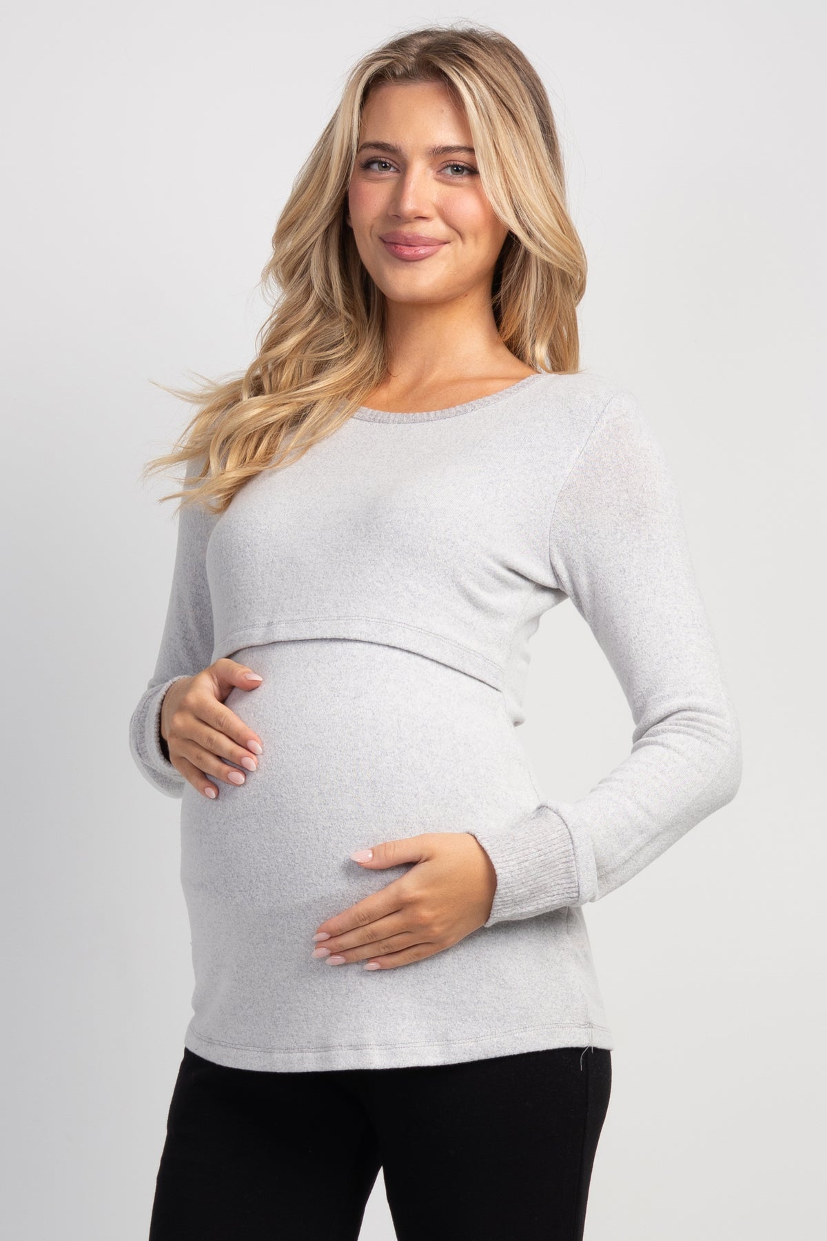 Heather Grey Long Sleeve Crew Neck Nursing Sweater Top Front View