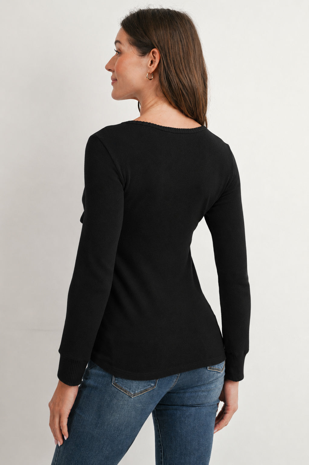 Black Long Sleeve Crew Neck Nursing Sweater Top Back View
