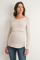 Oatmeal Long Sleeve Crew Neck Nursing Sweater Top Front View