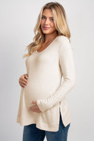 Oatmeal Long Sleeve Scoop Neck Maternity Sweater Knit Top Front View