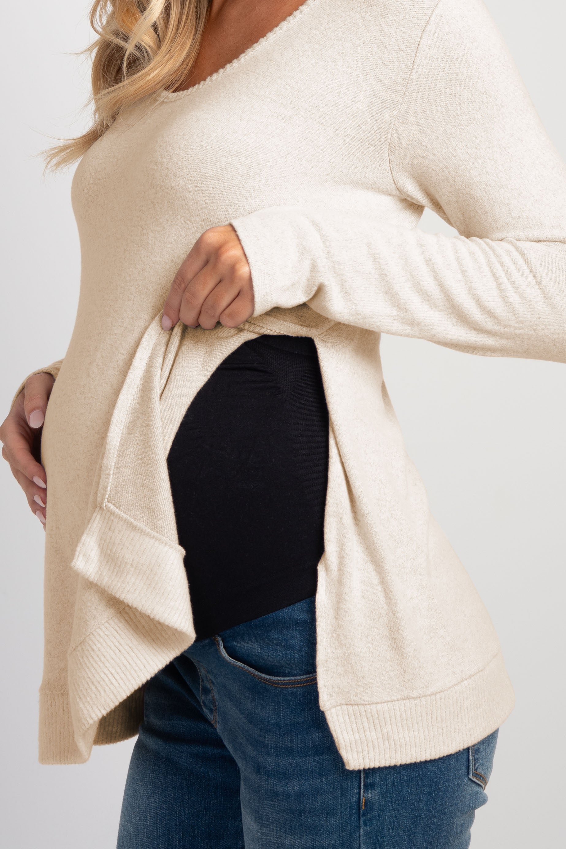 Oatmeal Long Sleeve Scoop Neck Maternity Sweater Knit Top Close Up
