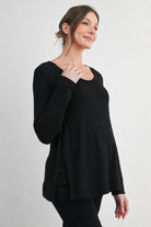 Black Long Sleeve Scoop Neck Maternity Sweater Knit Top Side View