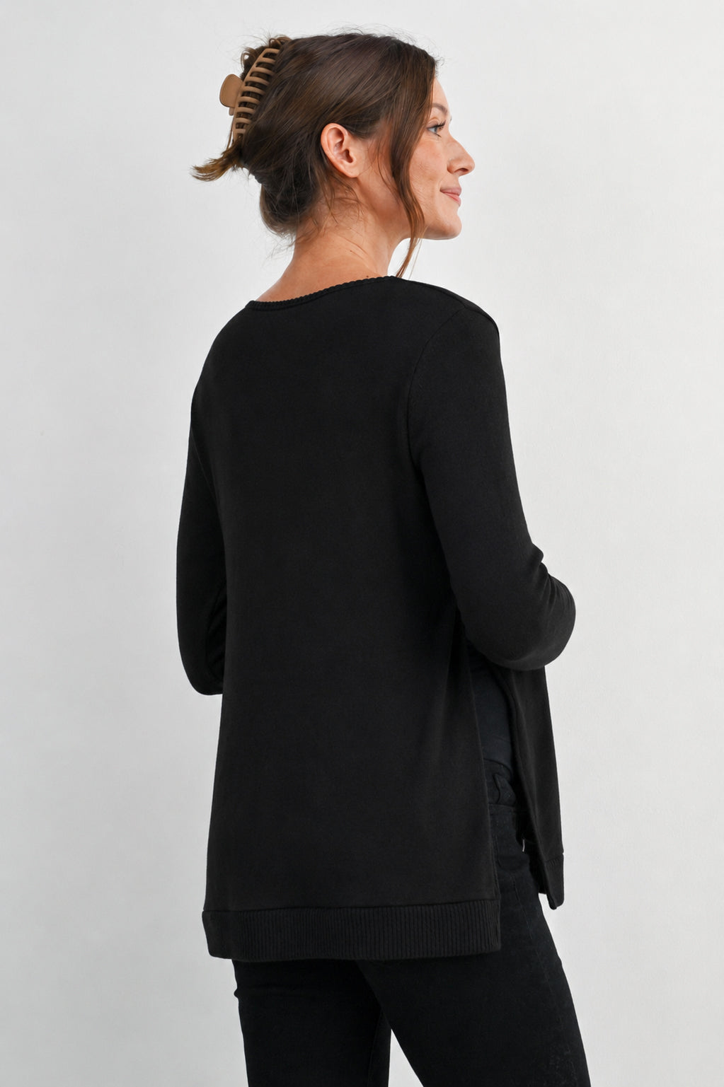 Black Long Sleeve Scoop Neck Maternity Sweater Knit Top Back View