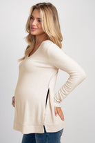 Oatmeal Long Sleeve Scoop Neck Maternity Sweater Knit Top Side View